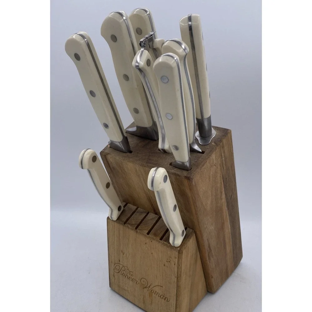 The Pioneer Woman Cowboy Rustic Linen Ivory Knife Set & Block Missing 4 Steak
